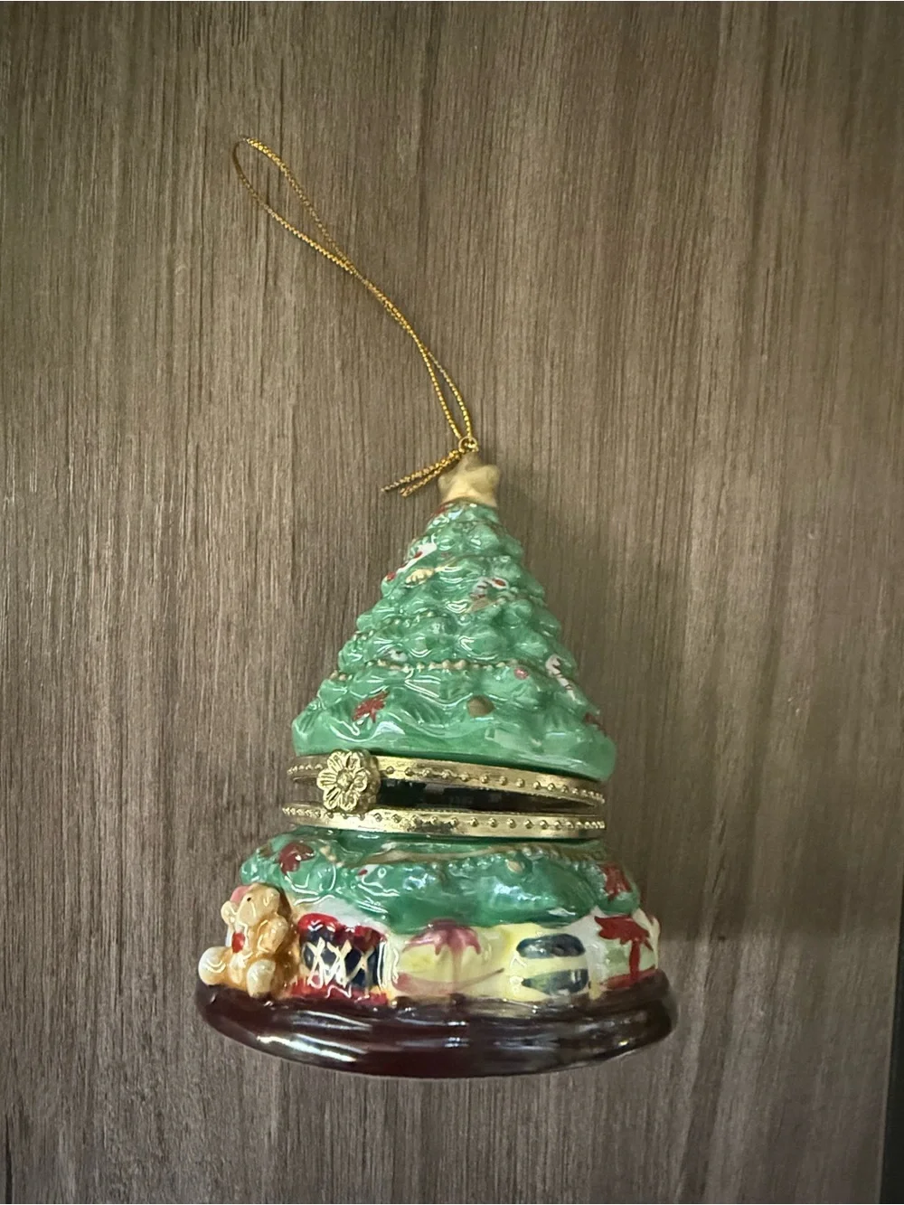 Green Ceramic Christmas Tree Music Box Ornament with Gold Trim